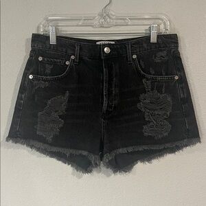 Agolde Jaden high rise distressed fray hem denim shorts washed black 29